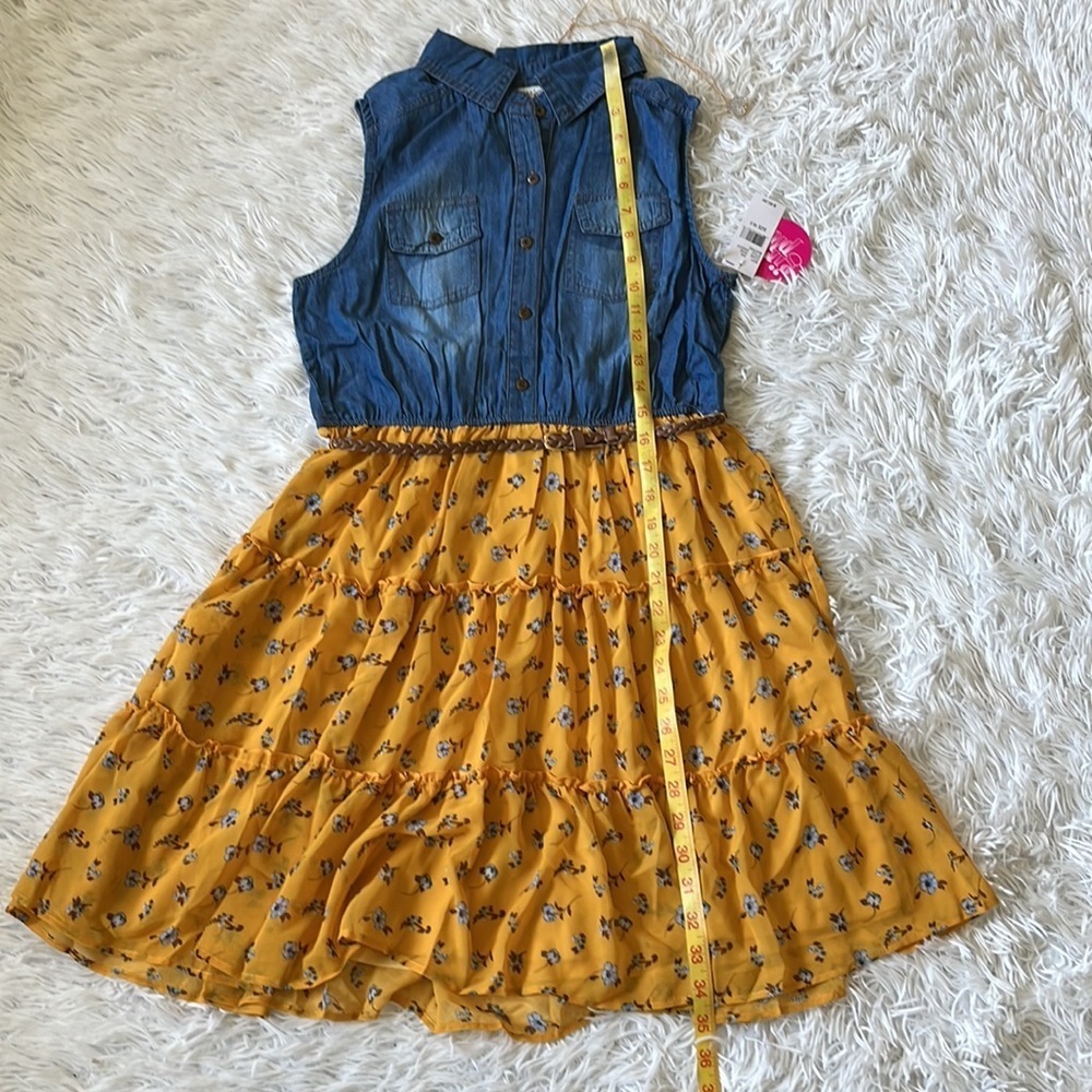 Knit Works Girls Tiered Denim Dress with Belt & Necklace blue/Mustard size 16.5 - Picture 9 of 12